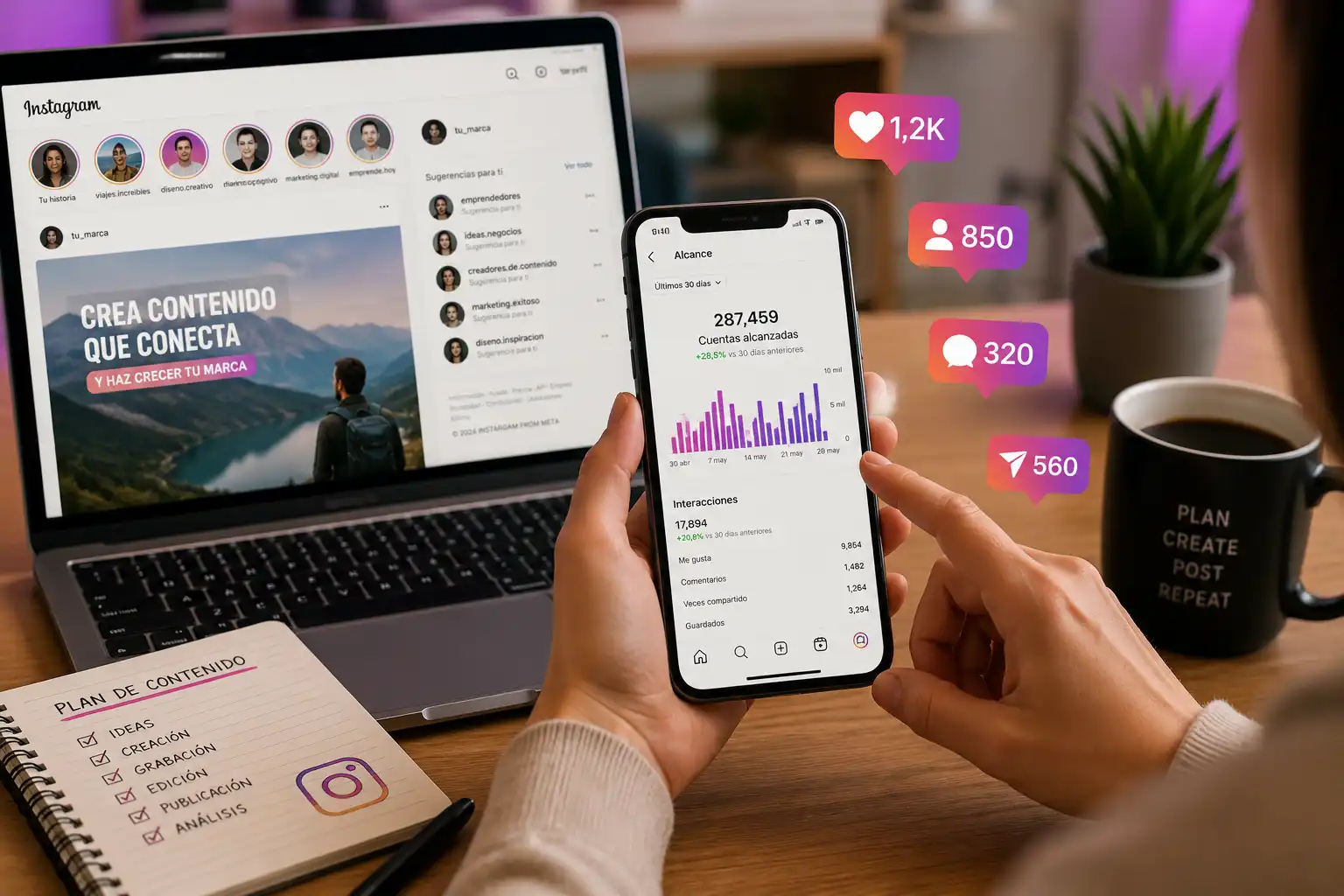 Profesional analizando el alcance y las interacciones de Instagram desde un móvil