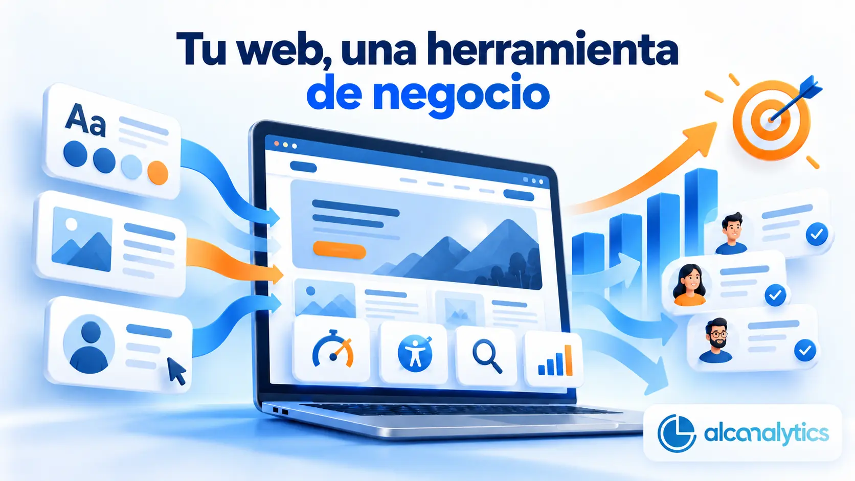 Ilustración de una web conectada con contenido, métricas y clientes