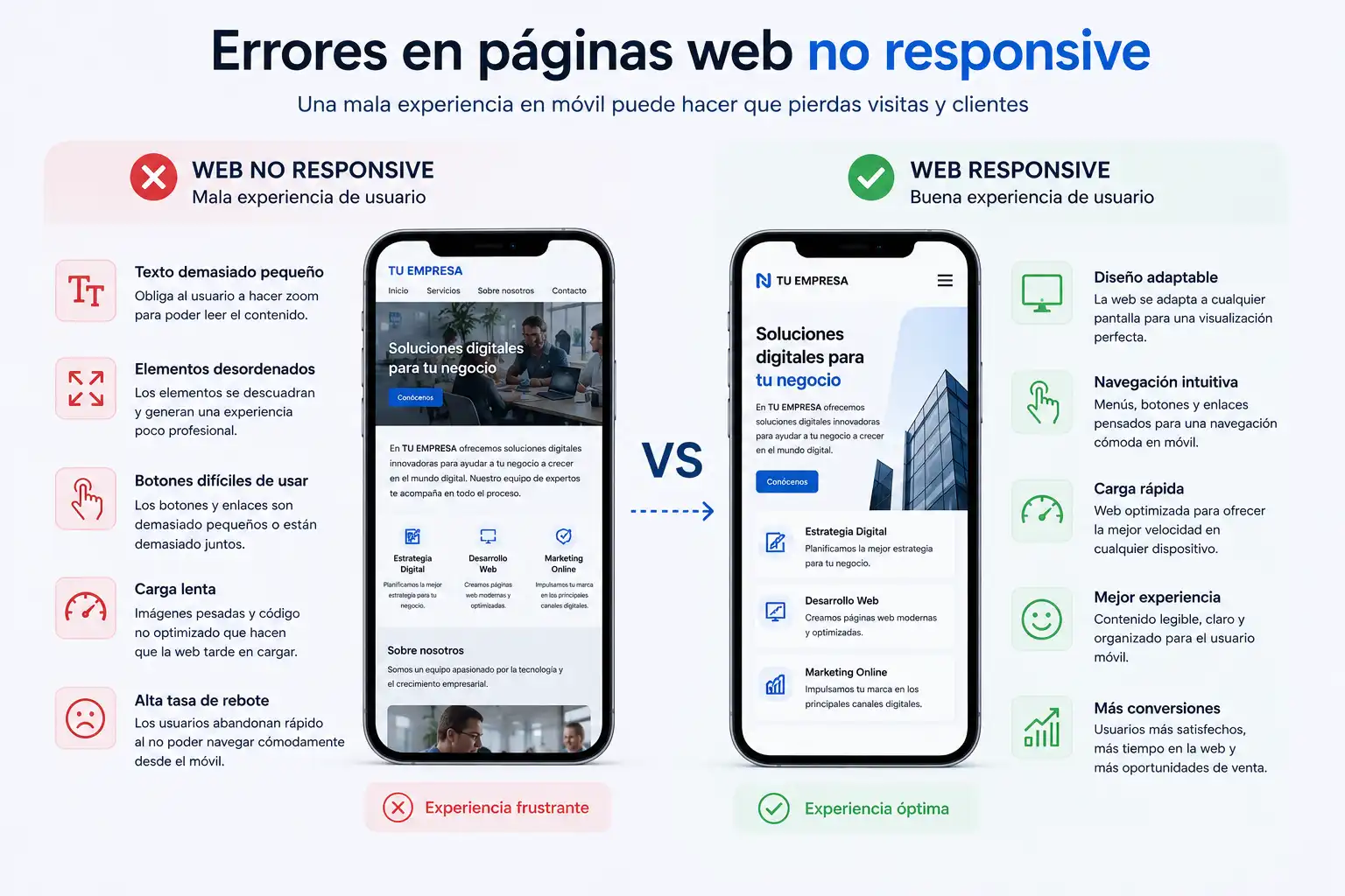 Comparación de una web no responsive y una web adaptable en móviles