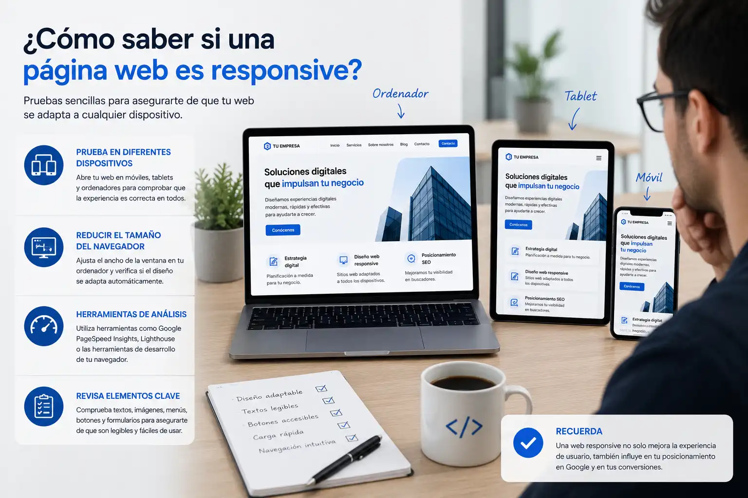 Profesional comprobando una página web en ordenador, tableta y móvil