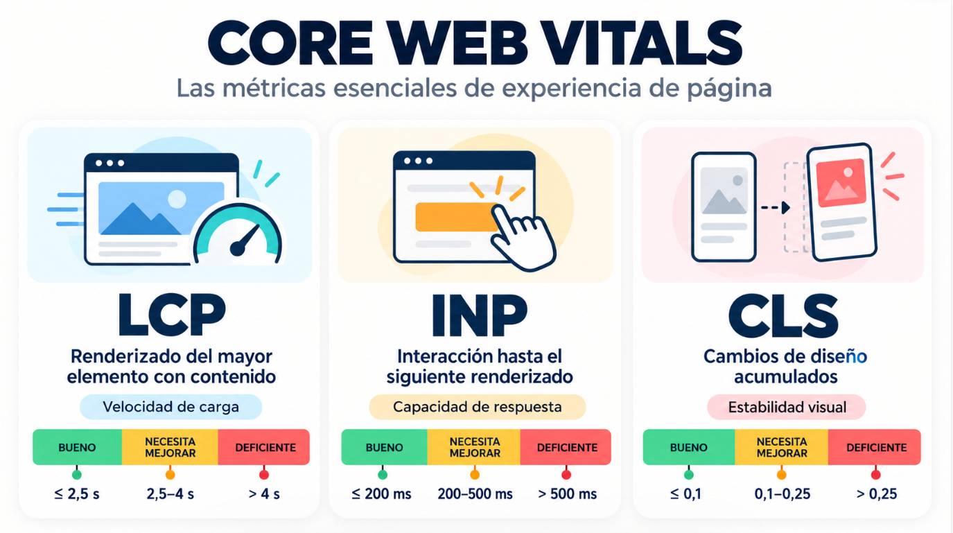 Valores de referencia de LCP, INP y CLS en Core Web Vitals