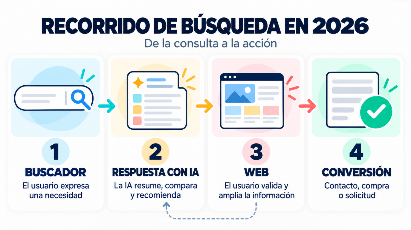 Recorrido de búsqueda en 2026 desde la consulta hasta la conversión
