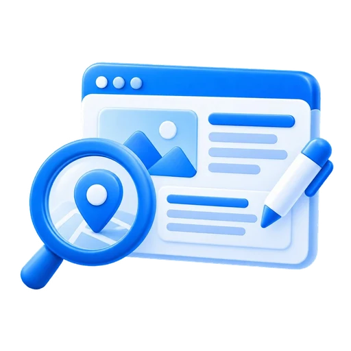 Ilustración de una página web con contenido, lápiz y búsqueda por ubicación