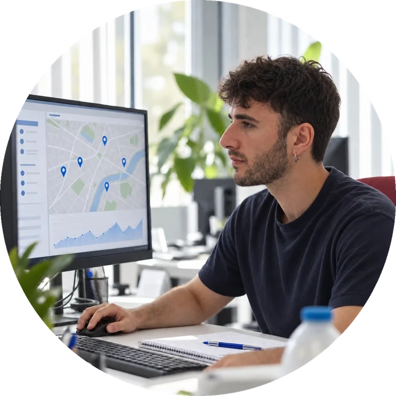 Profesional analizando un mapa con ubicaciones locales en el ordenador