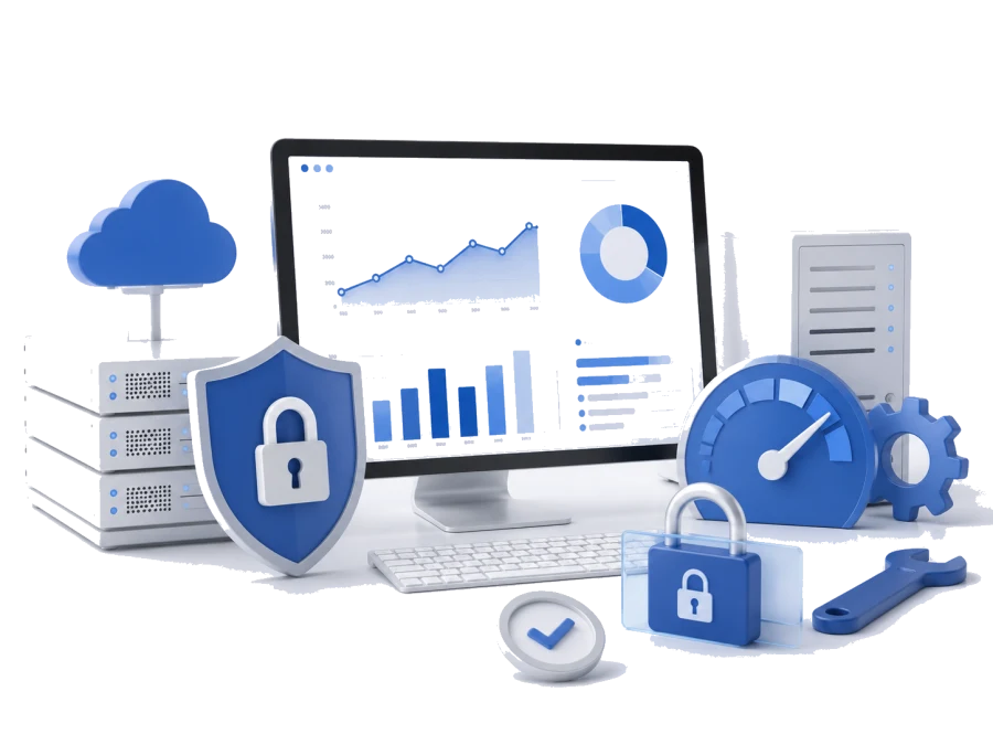 Ilustración de seguridad, rendimiento y estabilidad web